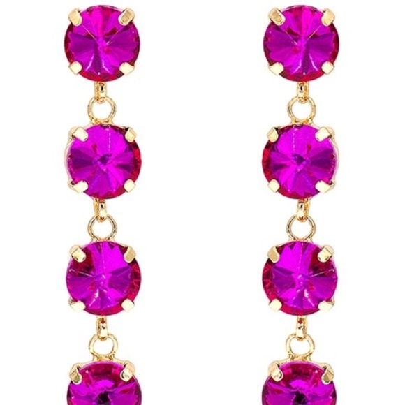 NEW JEWELRY ARRIVAL FOUR RHINESTONE DROP DANGLING EARRINGS-FUCHSIA - Picture 2 of 3